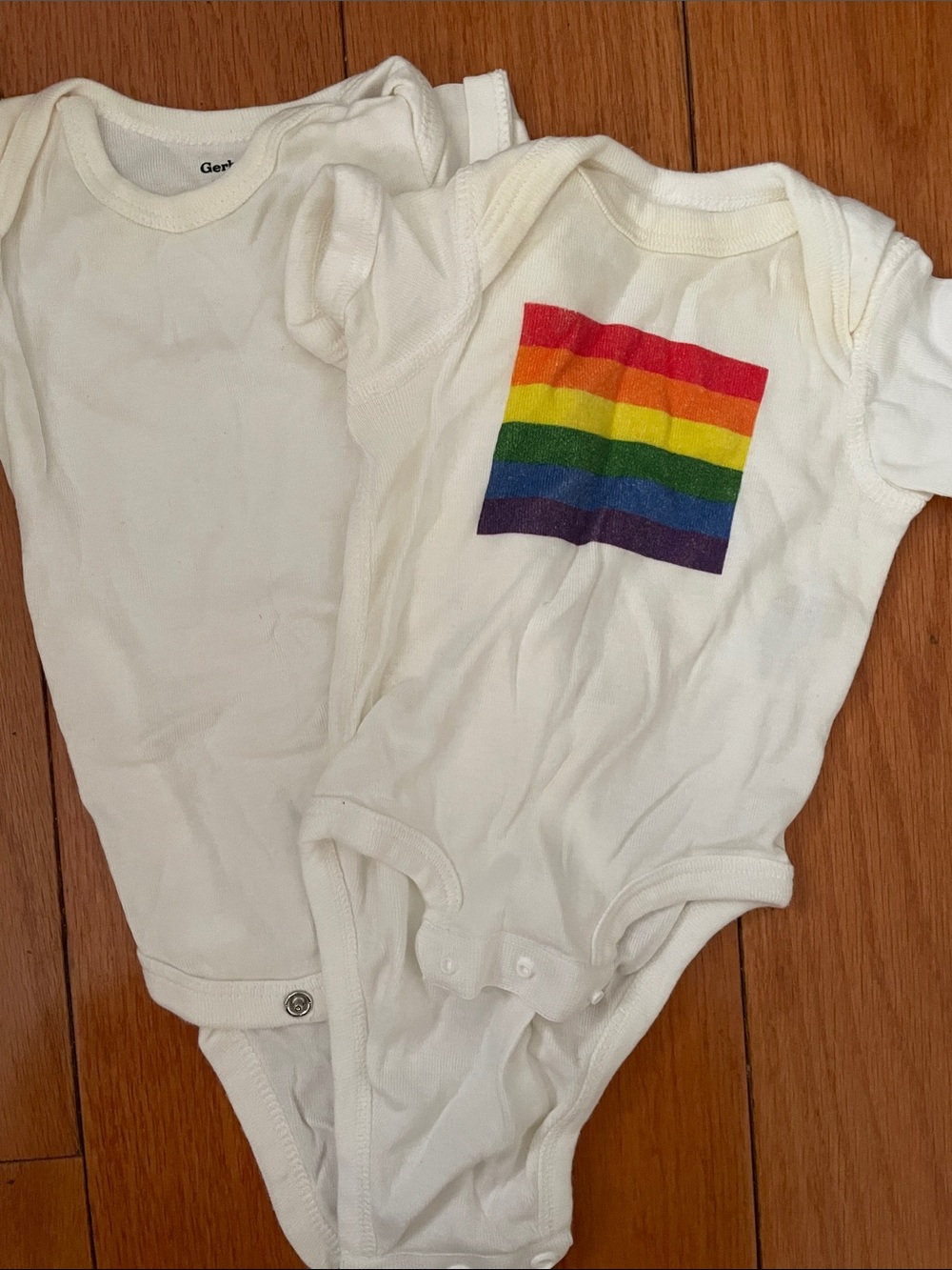 Gerber White Cotton Baby Bodysuit with Rainbow Stripe Square